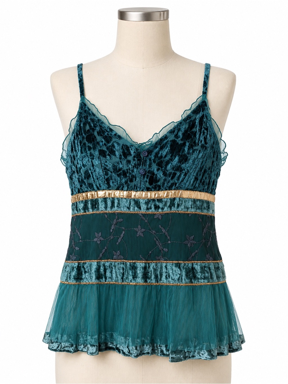 Next Teal Velvet & Gold-Trim Layered Cami